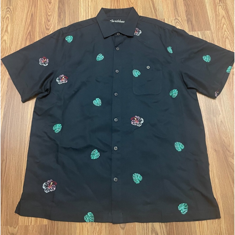 Caribbean Shirt Mens Extra Large Camp Collar Embroidered Hibiscus Monstera